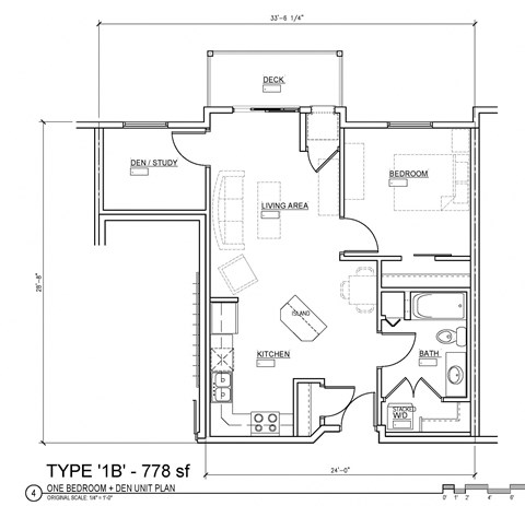 Floor plan for 1 bed, 1 bath, 778 sqft